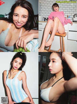 A woman sitting on top of a bed covered in clothes.