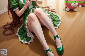 A woman in a green dress sitting on a chair.