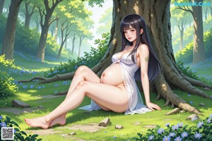 A nude woman sitting under a tree in the woods.
