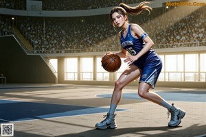 A woman holding a basketball on top of a basketball court.
