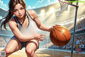 A woman holding a basketball on top of a basketball court.