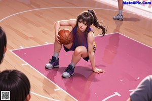 A girl in a yellow and green uniform dribbling a basketball.