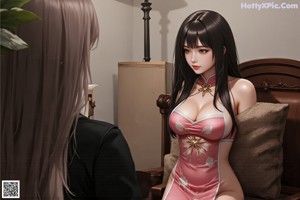 A woman in a pink dress is looking at the camera.