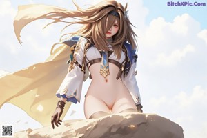 A woman in a blue and black outfit holding a sword.