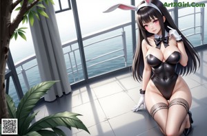A woman in a bunny costume sitting on a desk in front of a computer.