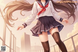 A girl in a school uniform standing on a pier.