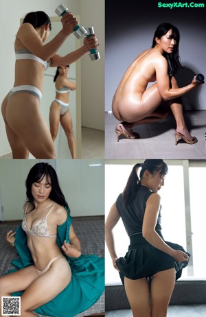 A naked woman holding two dumbbells in her hands.