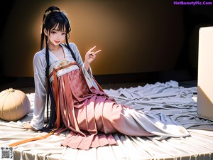 A woman in a pink and blue hanbok is posing for a picture.