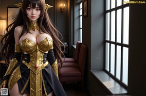 A woman in a gold outfit is posing for a picture.