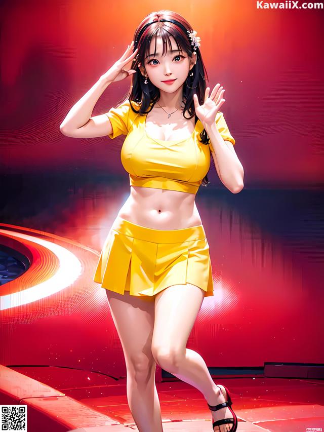 A woman in a yellow top and skirt dancing on a stage.