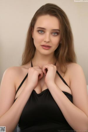 A woman in a black dress sitting on a couch.