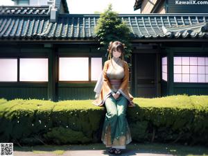 A woman in a kimono with a flower in her hair.