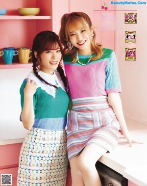 A couple of girls sitting on top of a red couch.