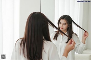 A woman in a white shirt is posing for the camera.