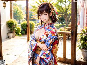 A woman in a blue kimono posing for a picture.