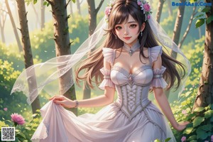 A woman in a wedding dress standing in the woods.