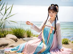 A woman in a pink and blue hanbok is posing for a picture.