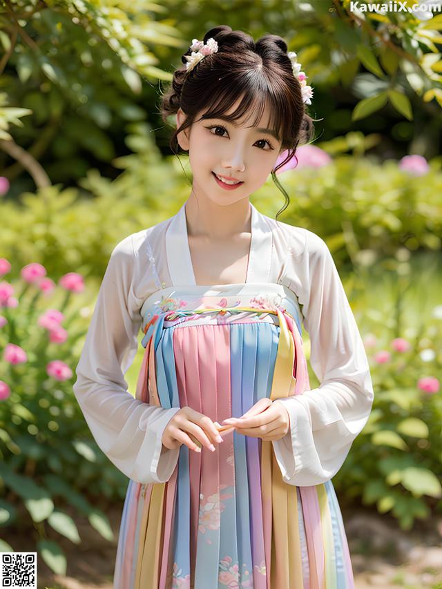 A woman in a colorful dress standing in a garden.