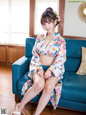 A woman in a kimono holding a flower in her hand.