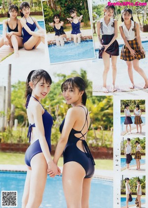 A couple of young women standing next to each other near a pool.