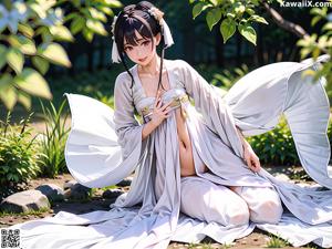 A woman in a white kimono sitting on a bed.