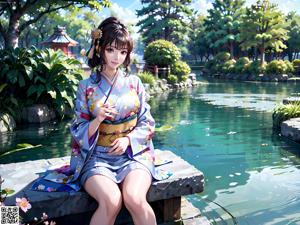 A woman in a kimono sitting on the floor.