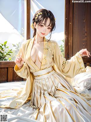 A woman in a blue kimono sitting on a bed.