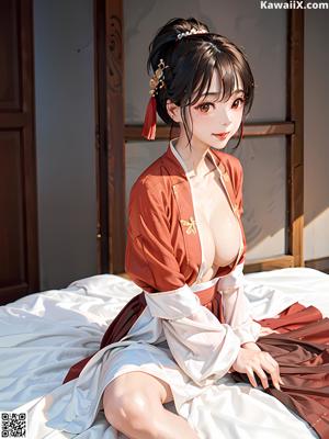 A woman in a blue kimono sitting on a bed.