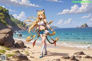 A woman in a bikini with a cat ears on her head.