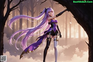A woman in a black bikini with purple hair and a purple cape.