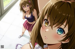 Anime girl sitting in front of a window looking out the window.