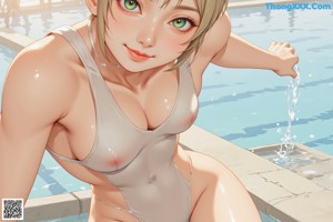 A couple of women sitting next to each other near a swimming pool.
