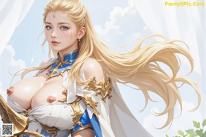 a woman with long blonde hair and blue eyes holding a sword