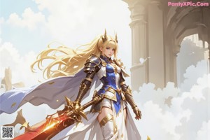 a woman with long blonde hair and blue eyes holding a sword