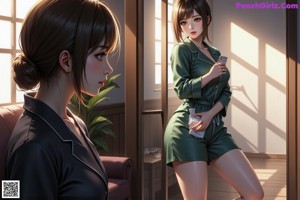 A naked woman sitting on a green couch next to a cup of coffee.