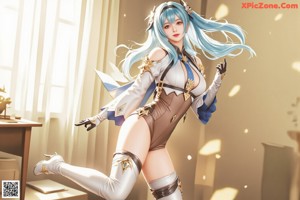 A woman with blue hair and a sword in her hand.