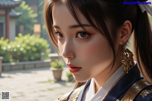 A woman in a traditional-style outfit with intricate designs and accessories.