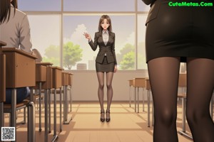 A woman sitting at a desk in front of a blackboard.