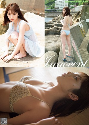 A woman in a white bikini posing for a magazine cover.