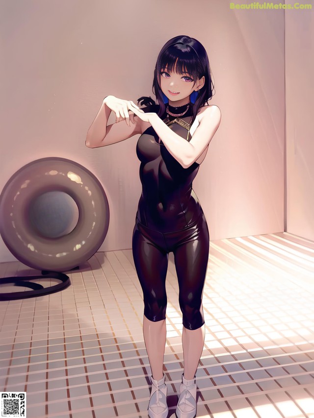 A woman in a black bodysuit standing in a room.