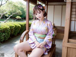 A woman in a blue and pink kimono posing for the camera.