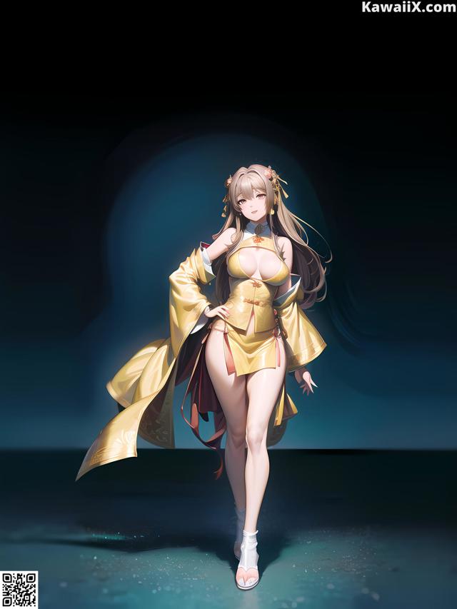 A woman in a yellow kimono is standing in the water.